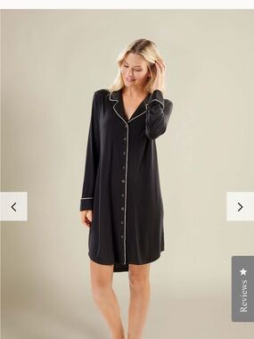 Black Long-Sleeve Button-Front Nightshirt with White Piping